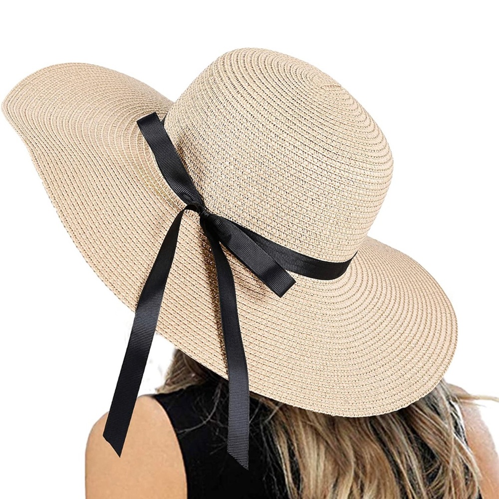 Beige Floppy Beach Straw Hat, Foldable Wide Brim with Bowknot UPF50 - Picture 1 of 7
